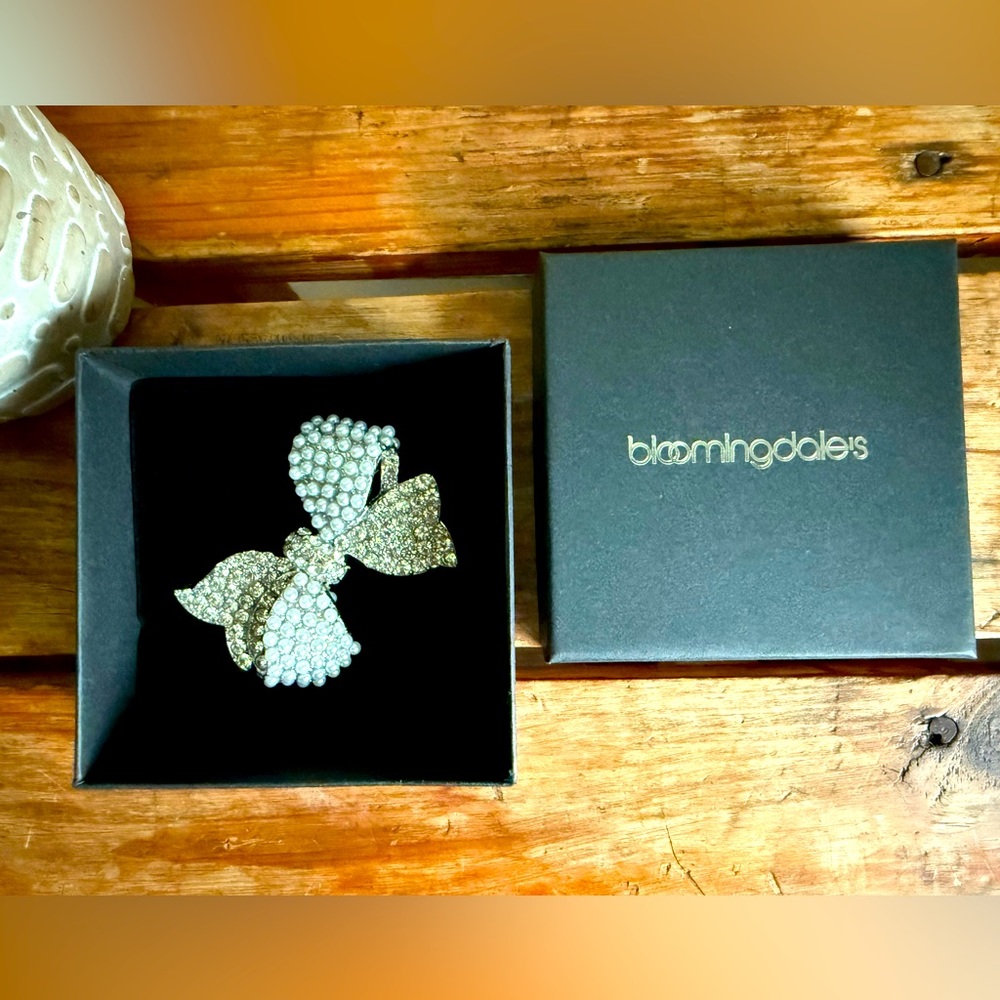 Bloomingdale’s Rhinestone and Pearl Bow Brooch